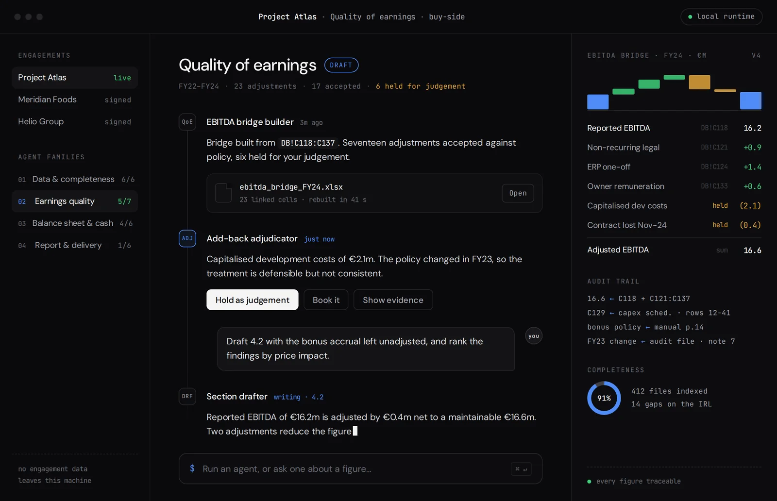 The Jony desktop app showing an engagement workspace: data room index, EBITDA bridge and draft report sections side by side